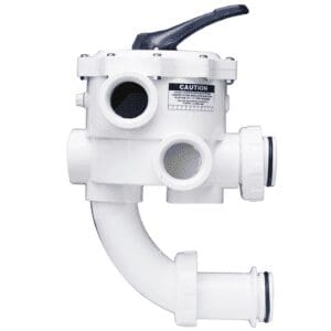 White multiport pool valve with curved plumbing